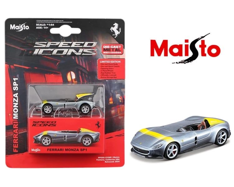  Mô hình xe Ferrari Sp1 Silver w/ Yellow - Speed Icon bản card tỉ lệ 1:64 Maisto 15702 