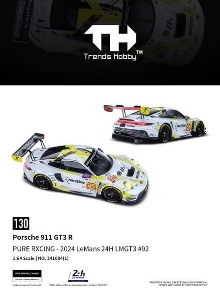  Mô hình xe Porsche 911 GT3 R - EMA Motorsport-2024 LeMans 24H LMGT3 Winner #92 tỉ lệ 1:64 Trends Hobby 241084L 