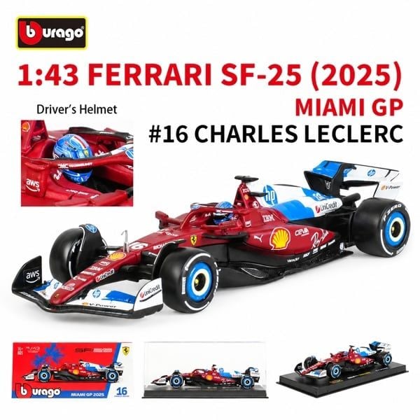  Mô hình xe đua F1 Formula 1 Ferrari SF-25 Miami GP 2025 hộp mica 36852-16-1 tỉ lệ 1:43 Bburago OT43034 