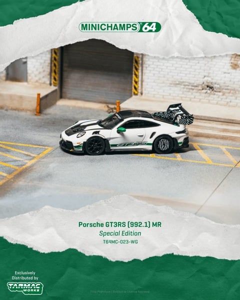  Mô hình xe Porsche GT3RS (992.1) MR white/green tỉ lệ 1:64 Tarmac Works x Minichamps T64MC-023-WG 