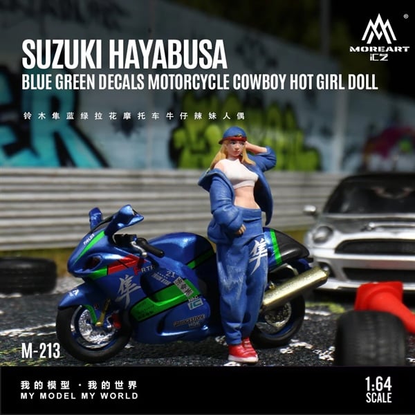  Mô hình nhân vật Figure và xe Suzuki Hayabusa Blue Green Cowboy Hot Girl tỉ lệ 1:64 MoreArt MO222213 