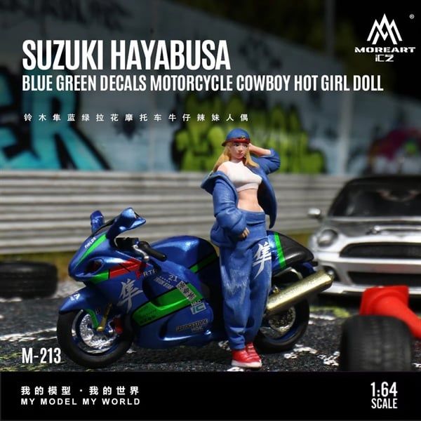  Mô hình nhân vật Figure và xe Suzuki Hayabusa Blue Green Cowboy Hot Girl tỉ lệ 1:64 MoreArt MO222213 