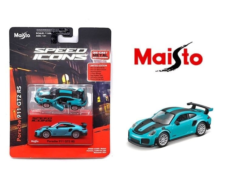  Mô hình xe Porsche 911 GT2 RS Miami blue - Speed Icon bản card tỉ lệ 1:64 Maisto 15707 