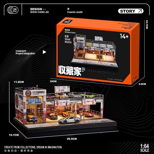  Hộp trưng bày mô phỏng diorama garage - xưởng để xe có đèn kích thước 29.5x19.7x11.8cm tỉ lệ 1:64 Shou Cang JiSCJ82065 