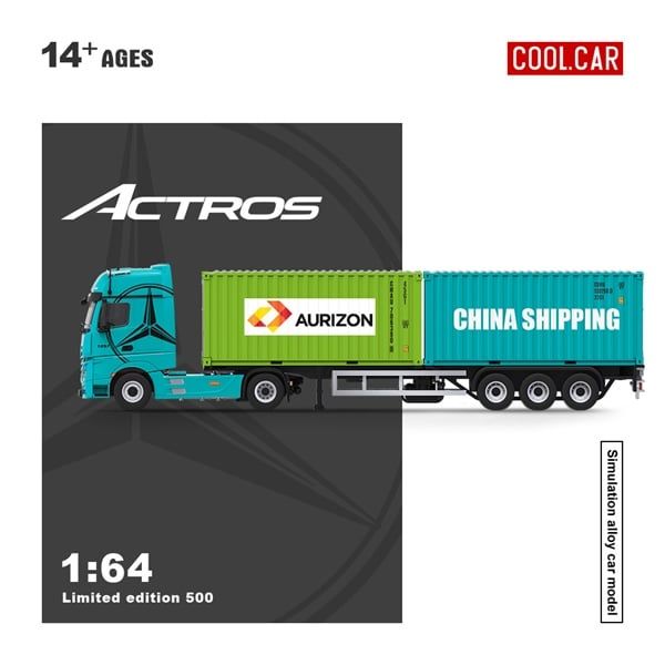  Mô hình xe Mercedes-Benz Actros MP4 Mint xe đầu kéo đi kèm 2 thùng Container Aurizon + China Shipping tỉ lệ 1:64 Cool Car CC646740 