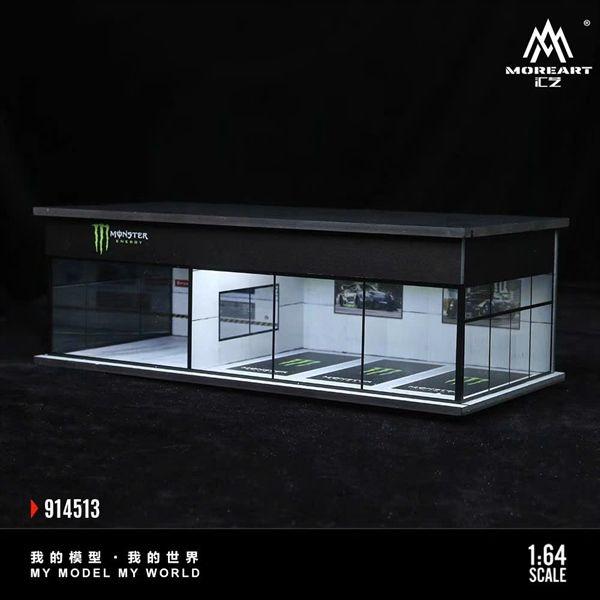  Hộp trưng bày mô phỏng showroom garage Monster Energy có đèn - mica kích thước 30cm x 15cm x 10cm tỉ lệ 1:64 MoreArt MO914513 