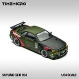  Mô hình xe Nissan Skyline GT-R R34 Disruption matt green mở được capo tỉ lệ 1:64 Time micro TM646317 