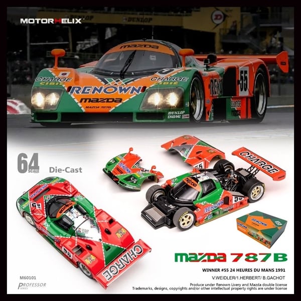  Mô hình xe đua Mazda 787B Renown winner #55 24 Heures Du mans 1991 mở được capo - nắp máy tỉ lệ 1:64 Motorhelix M60101 
