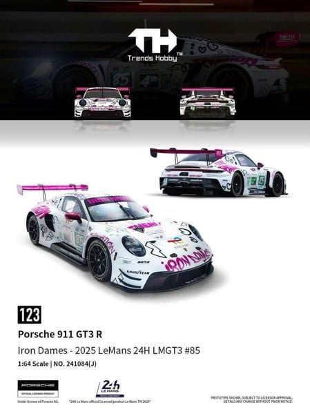  Mô hình xe Porsche 911 GT3 R Iron Dames 2025 Lemans 24h LMGT3 #85 tỉ lệ 1:64 Trends Hobby 241084 