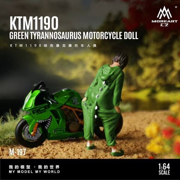  Set mô hình nhân vật figure và xe mô tô KTM 1190 Tyrannosaurus Rexy #80 green resin tỉ lệ 1:64 MoreArt MO222197 