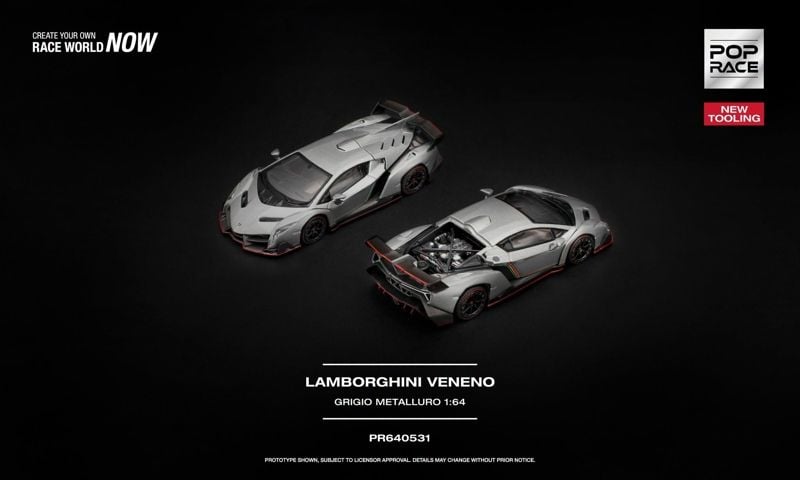  Mô hình xe Lamborghini Veneno - Grigio Metalluro tỉ lệ 1:64 Pop Race PR640531 