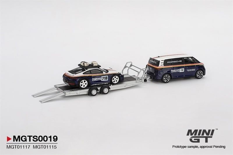  Mô hình xe Porsche 911 Dakar #718 / Volkswagen ID. Buzz Porsche Centrum Gelderland Roughroads Set tỉ lệ 1:64 MiniGT MGTS0019 