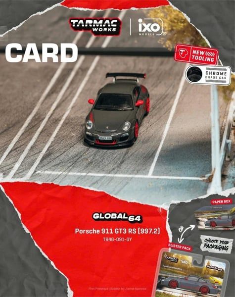  Mô hình xe Porsche 911 GT3 RS (997.2) Grey bản card tỉ lệ 1:64 Tarmac Works T64G-091-GY-B 