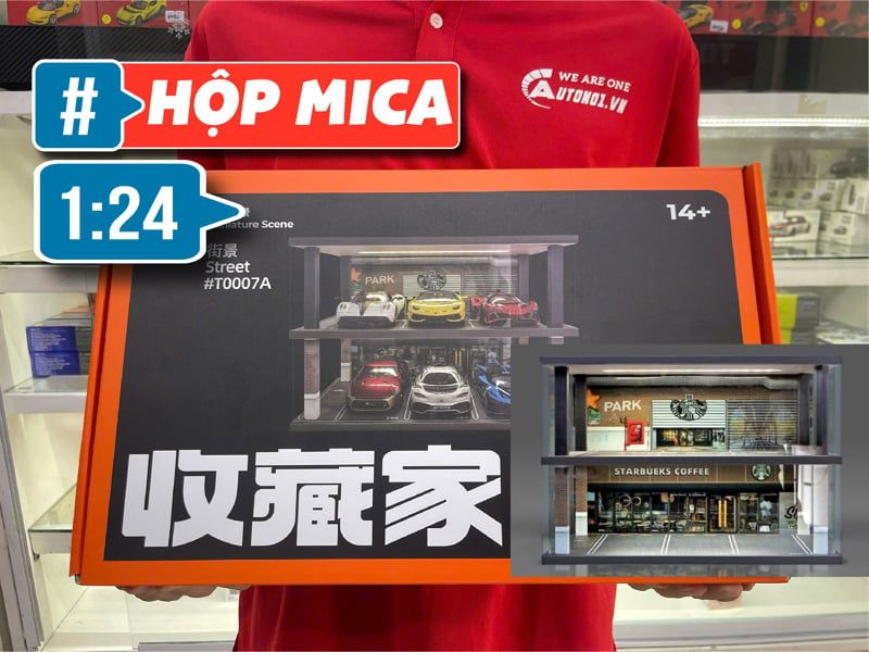 Hộp trưng bày mô phỏng bãi đậu xe trước quán cà phê có led 45x28x7 tỉ lệ 1:64 SHOU CANG JIA T0007A 