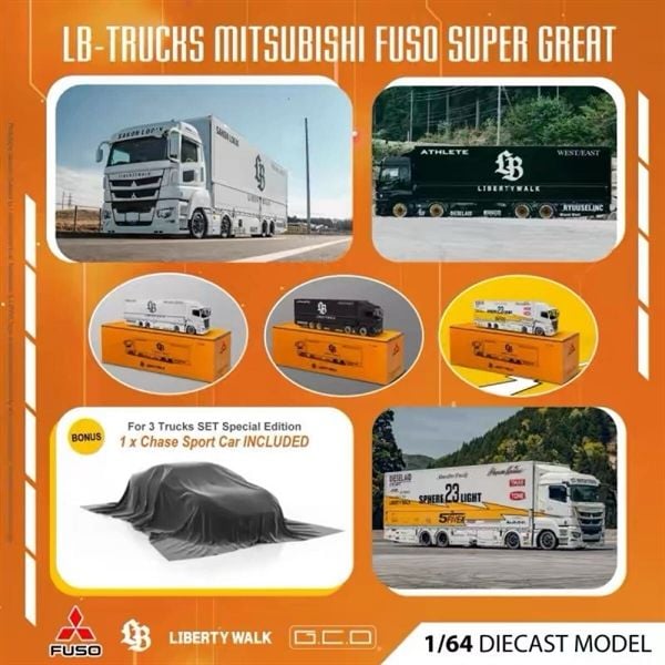  Mô hình xe Mitsubishi Fuso Super Great Lbwk Truck Set Of 3 tỉ lệ 1:64 GCD Model OT64474 