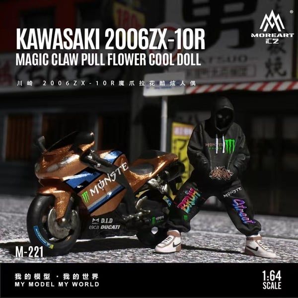  Set mô hình nhân vật và xe mô tô Kawasaki 2006 ZX-10R Claw Livery Cool Action Figure Set Resin tỉ lệ 1:64 MoreArt MO222221 
