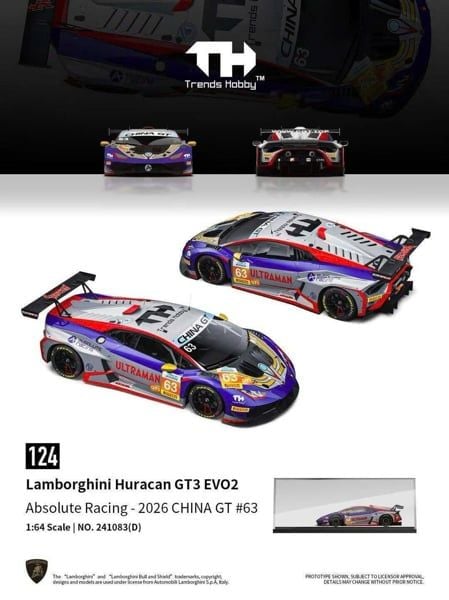  Mô hình xe Lamborghini Huracan GT EVO 2 Absolute racing 2026 China GT #63 tỉ lệ 1:64 Trends Hobby 241083 