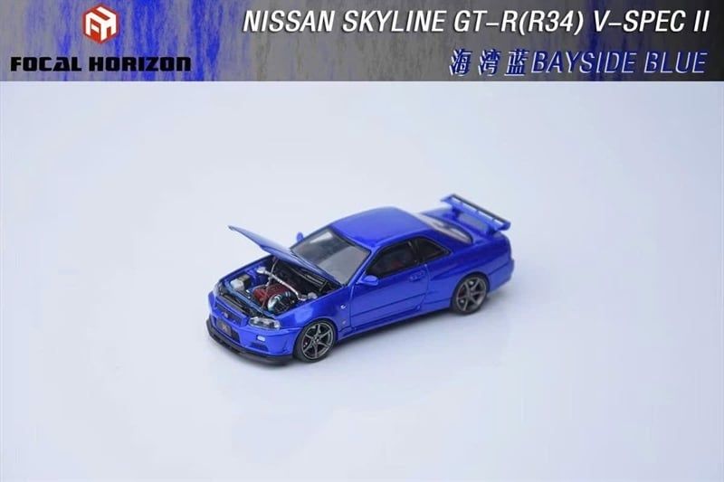  Mô hình xe Nissan Skyline GT-R R34 V-SPEC-II blue mở capo tỉ lệ 1:64 Focal Horizon OT64506 