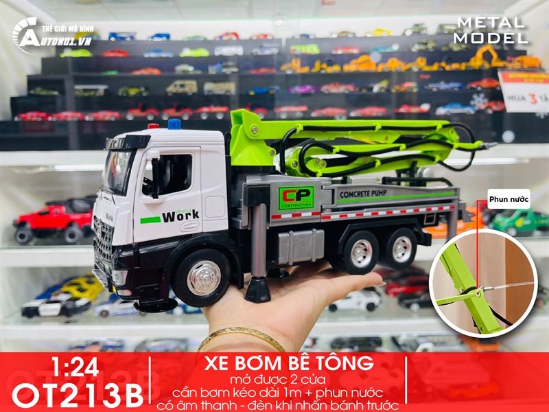  Đồ trang trí để bàn, mô hình ô tô, chất liệu chính bằng nhựa kết hợp sắt kt 25*13*9.5cm +/-10% - Xe công trình- bơm bê tông tỉ lệ 1:24 Metal DieCast OT213 