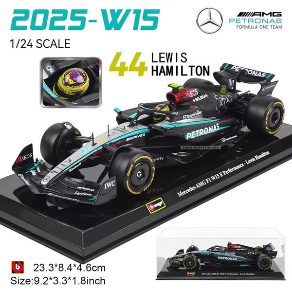  Mô hình xe đua F1 Formula Mercedes Benz Petronas 2024 W15 E Performance hộp mica có figure tỉ lệ 1:24 Bburago 28063 OT24123 