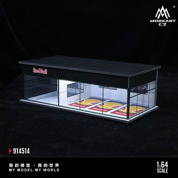  Hộp trưng bày mô phỏng showroom Red Bull - Parking Showroom Scene có đèn kích thước 30cm x 15cm x 10cm tỉ lệ 1:64 MoreArt MO914514 