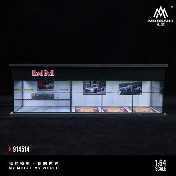  Hộp trưng bày mô phỏng showroom Red Bull - Parking Showroom Scene có đèn kích thước 30cm x 15cm x 10cm tỉ lệ 1:64 MoreArt MO914514 