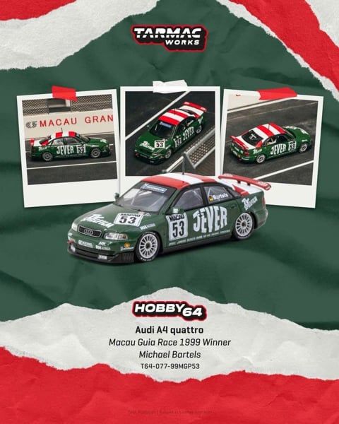  Mô hình xe Audi A4 quattro, Macau Guia Race 1999 Winner, Michael Bartels tỉ lệ 1:64 Tarmac Works T64-077-99MGP53 