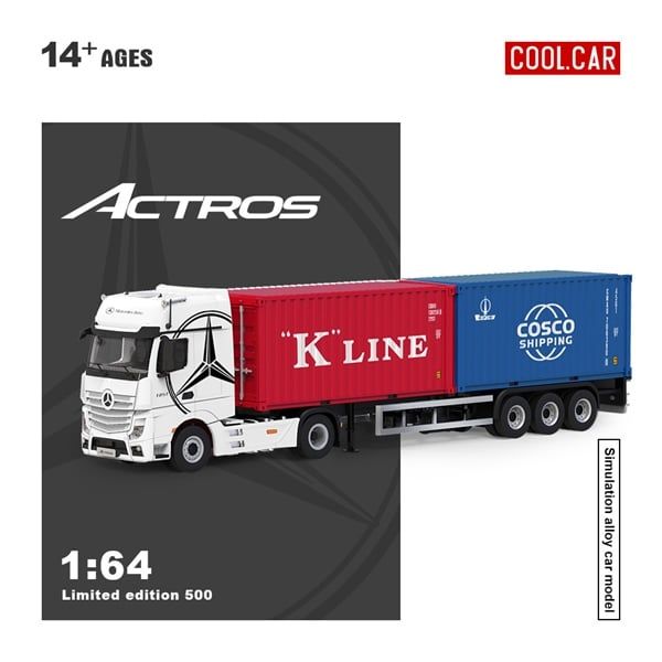  Mô hình xe Mercedes-Benz Actros MP4 White đầu kéo đi kèm 2 thùng container KLine + Cosco tỉ lệ 1:64 Cool Car CC646738 