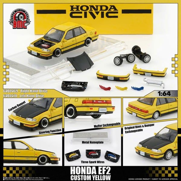  Mô hình xe Honda Civic EF2 1991 yellow tỉ lệ 1:64 hãng BMC 