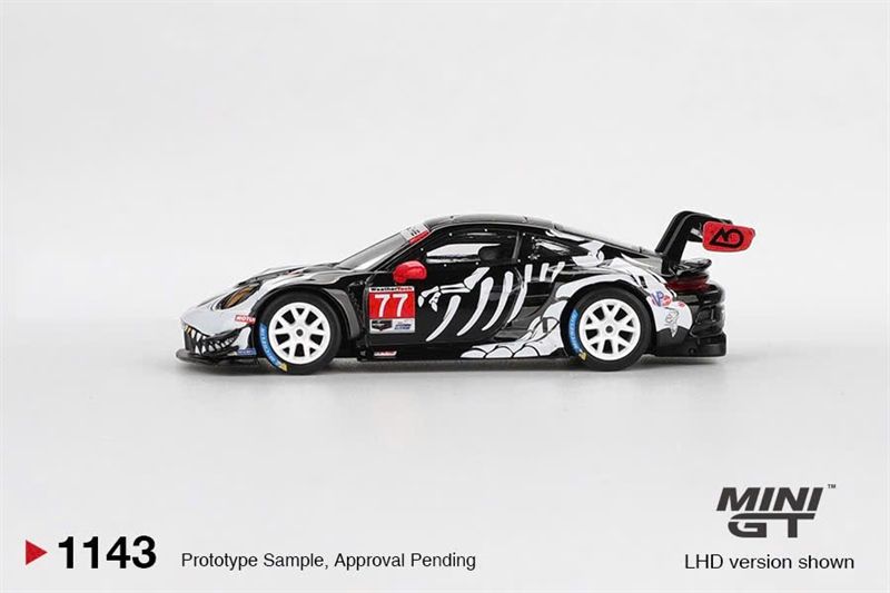  Mô hình xe Porsche 911 GT3 R #77 AO Racing 2025 IMSA Petit Le Mans bản card tỉ lệ 1:64 MiniGT MGT01143 