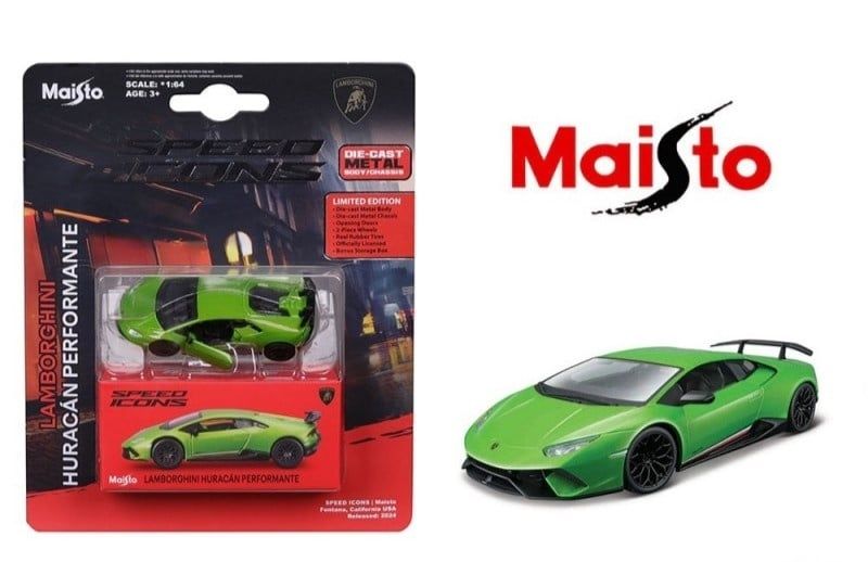  Mô hình xe Lamborghini Huracan Performante green - Speed Icon bản card tỉ lệ 1:64 Maisto 15705 