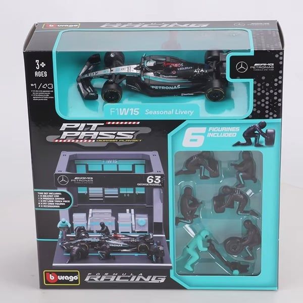  Set Mô hình xe đua F1 đi kèm 6 FIG + Pit Set Garage Mercedes AMG Petronas F1 W15 E Performa OT43032nce tỉ lệ 1:43 Bburago 38452 OT43032 