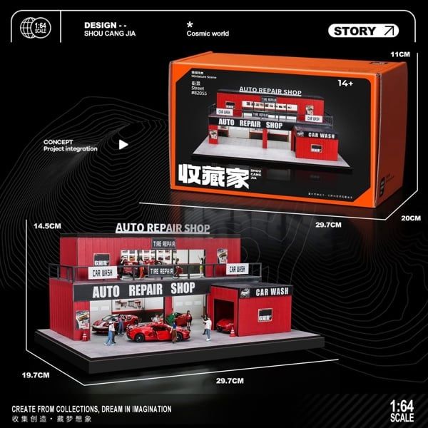  Hộp trưng bày mô phỏng FIRE TRUCK CONTAINER REPAIR GARAGE kích thước 29.5x19.7x11.8cm tỉ lệ 1:64 Shou Cang OT64827 