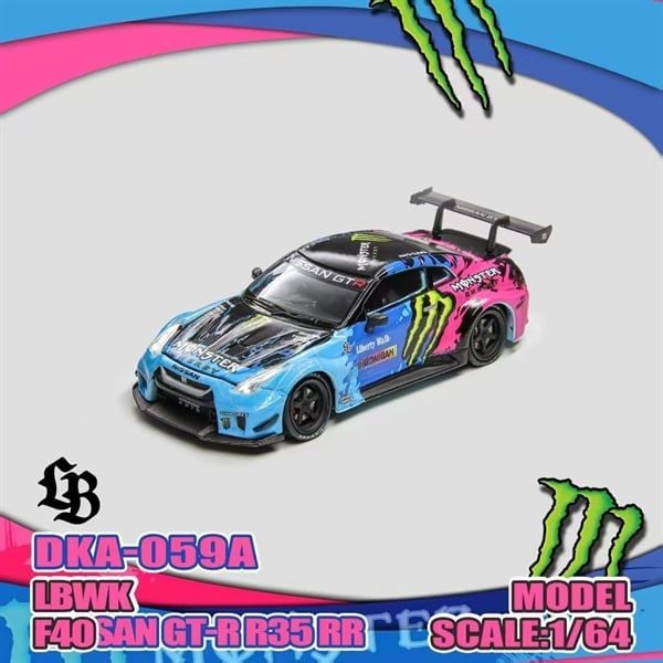 Mô hình xe Nissan GTR R35 LBWK Monster Energy Hooniban open hood tỉ lệ 1:64 Demon King DKA-059 