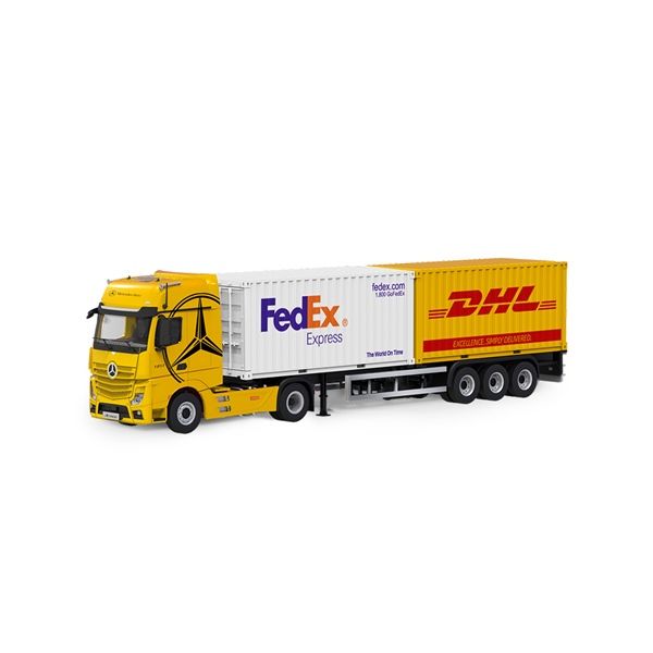  Mô hình xe Mercedes-Benz Actros MP4 Yellow đầu kéo đi kèm 2 thùng container Fedex + DHL tỉ lệ 1:64 Cool Car CC646739 