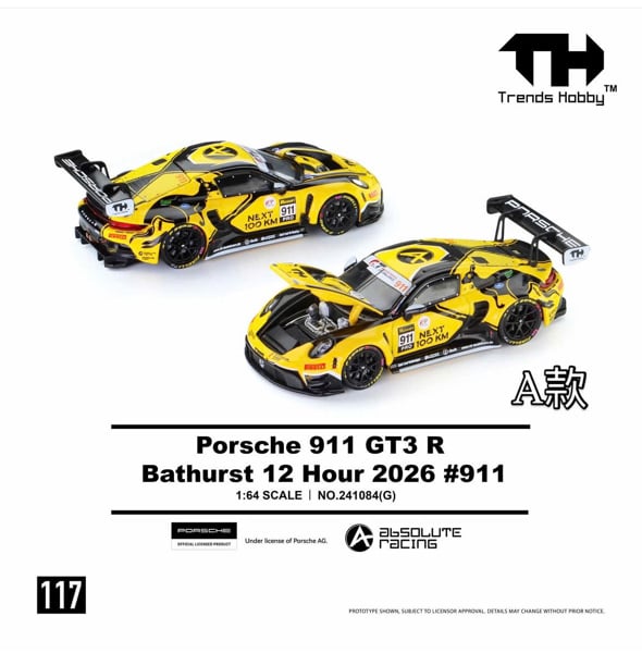  Mô hình xe Porsche 911 GT3 R Bathurst 12 Hours 2026 #91 tỉ lệ 1:64 Trends Hobby 241084 