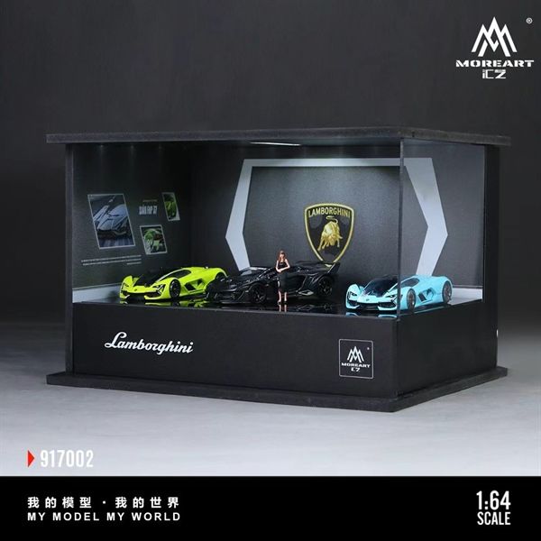  Hộp trưng bày mô phỏng showroom Lamborghini có bàn xoay - đèn kèm nhân vật kích thước 20 cm x 15 cm x 13 cm tỉ lệ 1:64 MoreArt MO917002 