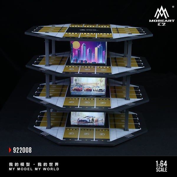  Hộp trưng bày mô phỏng bãi đổ xe 4 tầng - 4 mặt hình lục giác có đèn Octagonal Building Parking Lot tỉ lệ 1:64 MoreArt MO922008 