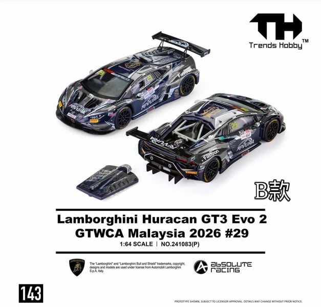  Mô hình xe Lamborghini Huracan GT3 EVO 2 GTWCA Malaysia 2026 #29 tỉ lệ 1:64 Trends Hobby 241083 