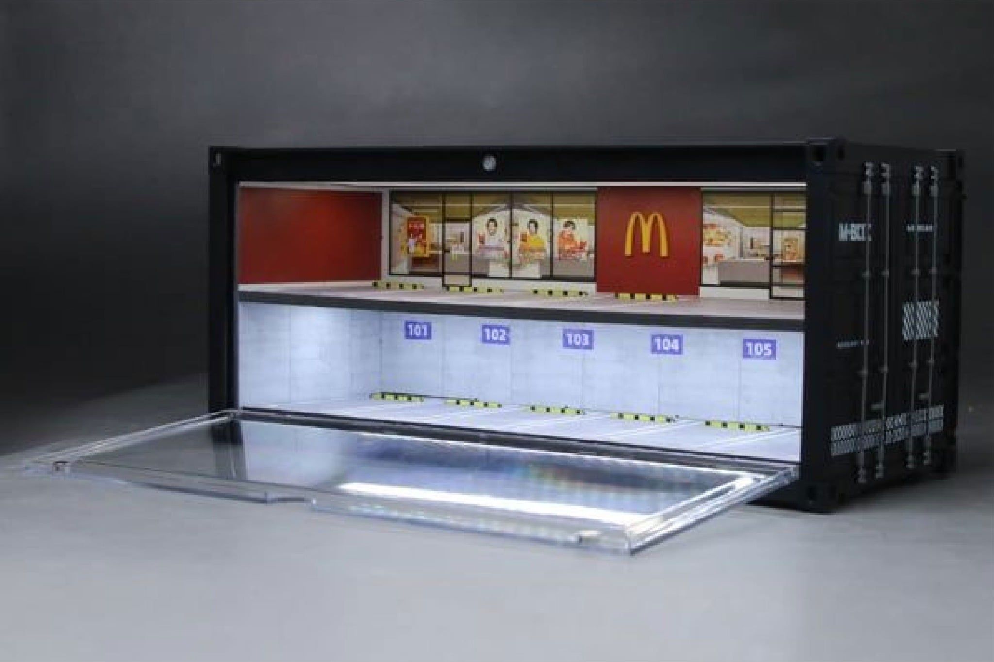  Hộp trưng bày container mô phỏng Bối cảnh chủ đề McDonald's có đèn kích thước 38.7x16x16.5cm tỉ lệ 1:64 MoreArt box M-Box MB400320 