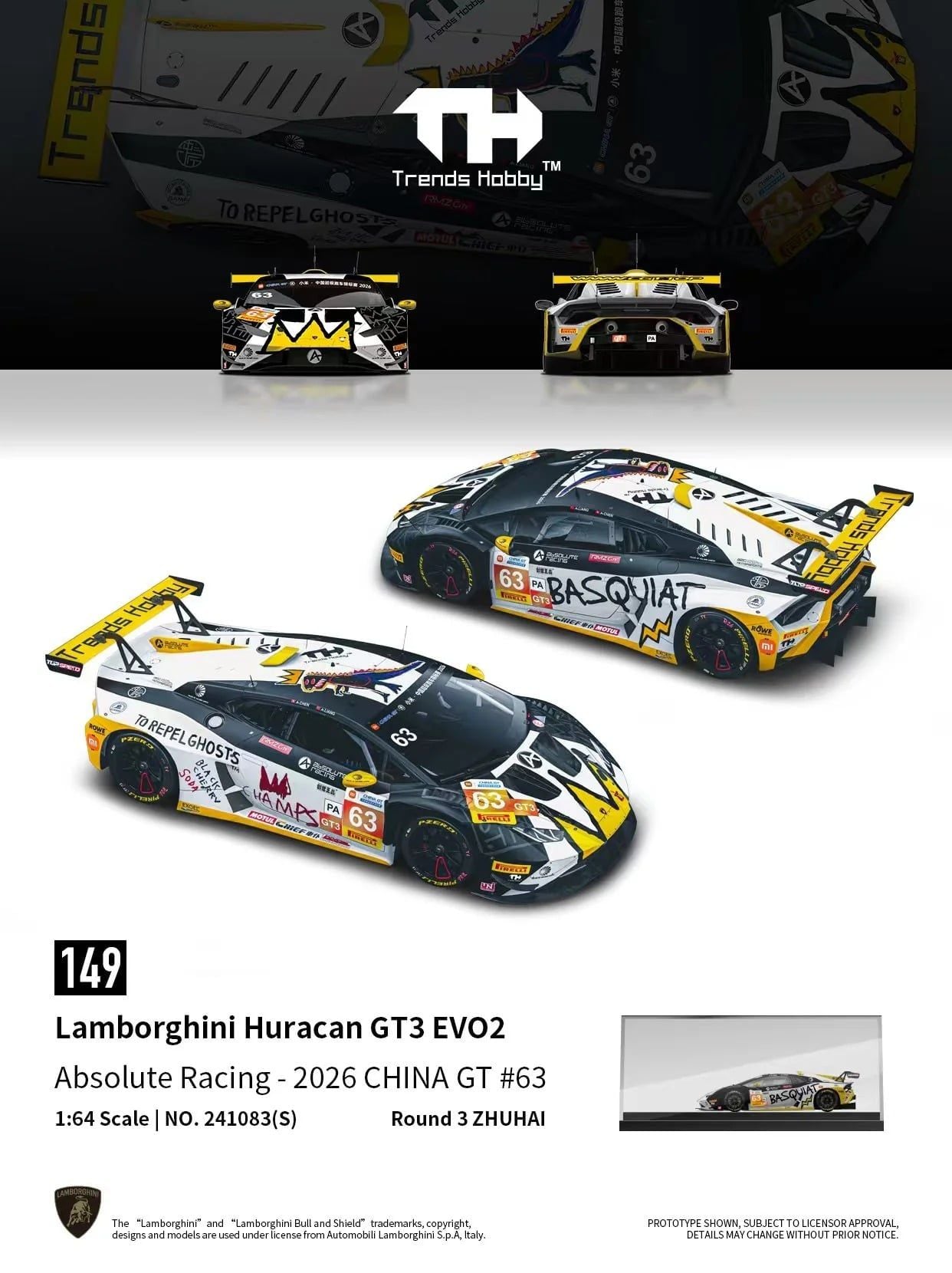  Mô hình xe Lamborghini Huracan GT3 EVO2 Absolute Racing - 2026 China GT #63 tỉ lệ 1:64 Trends Hobby 241083S 