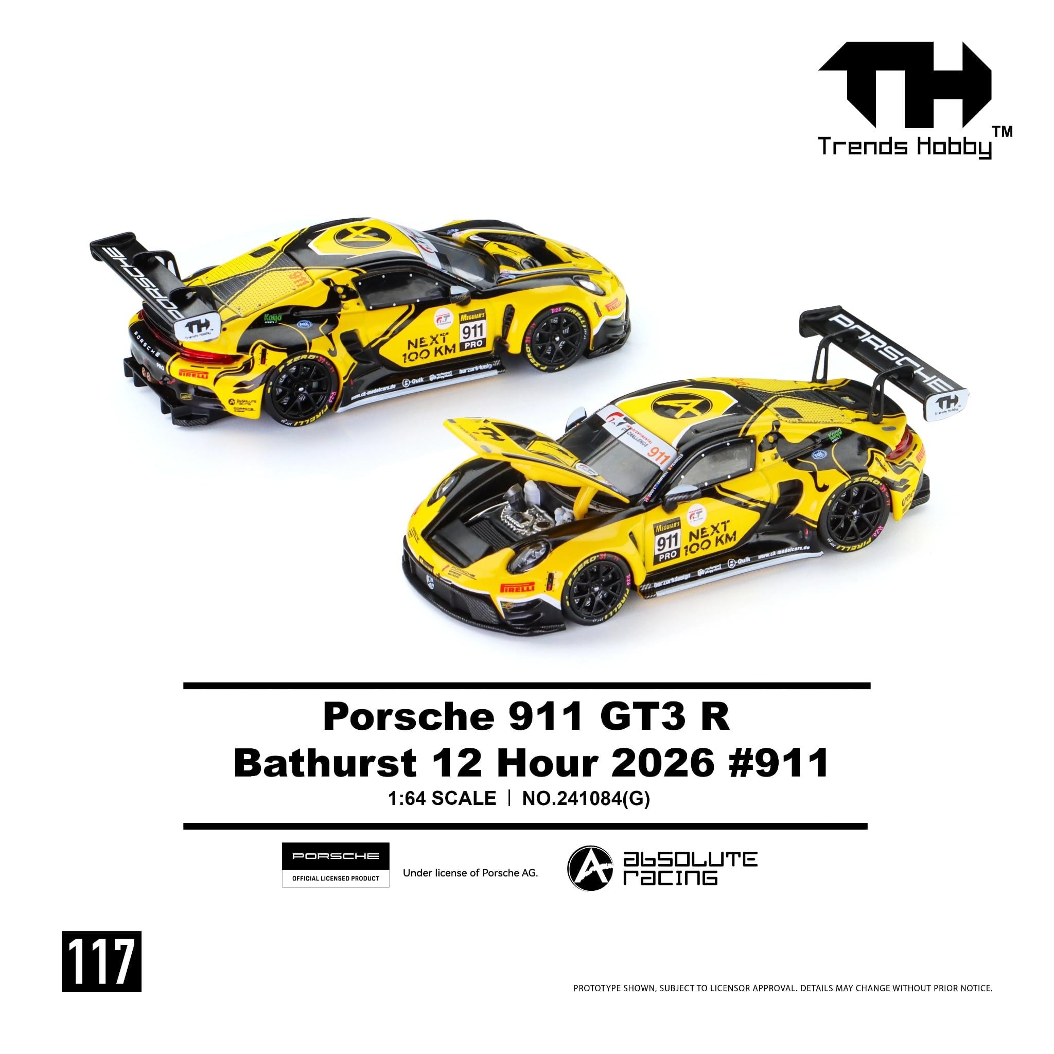  Mô hình xe Porsche 911 GT3 R Bathurst 12 Hours 2026 #91 tỉ lệ 1:64 Trends Hobby 241084 