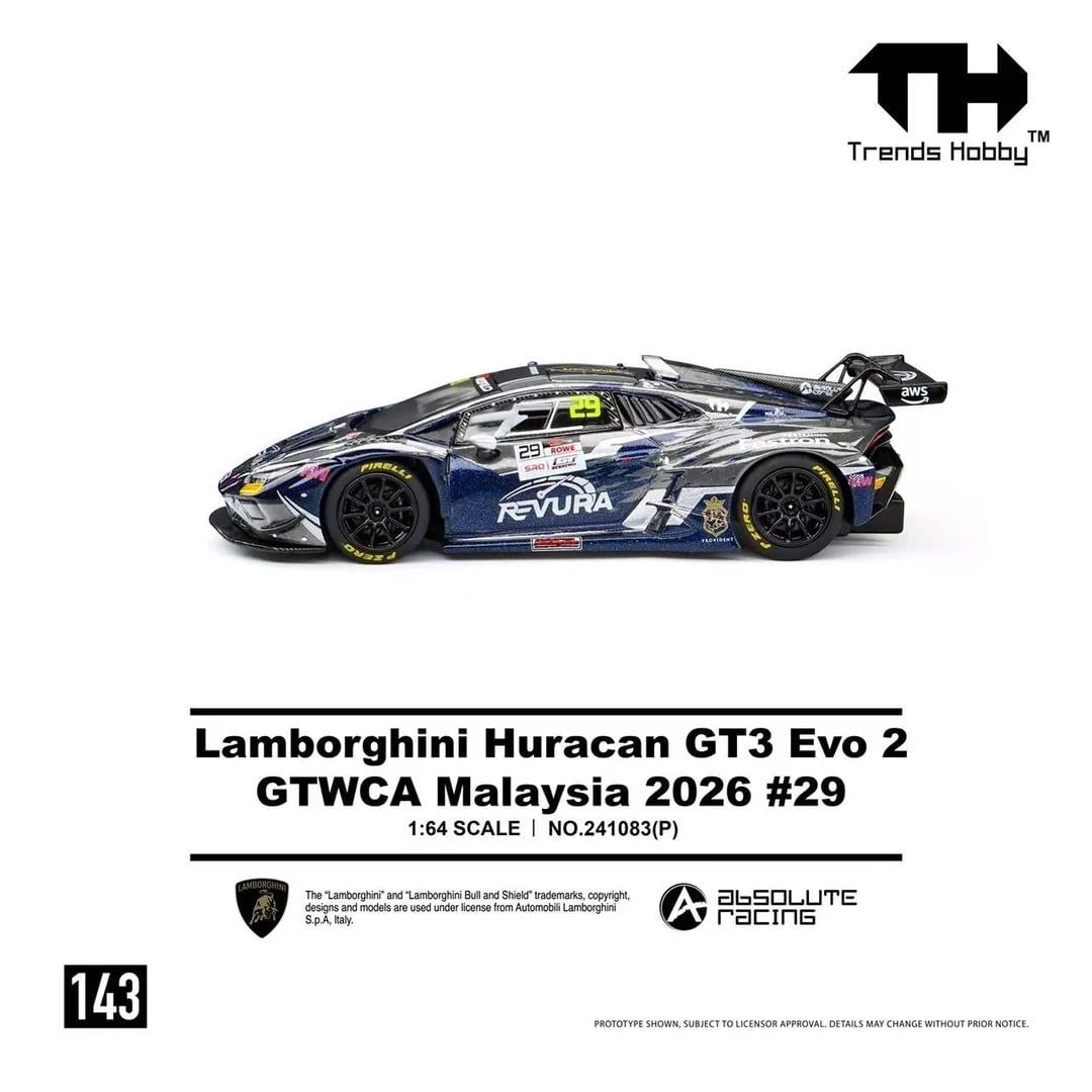  Mô hình xe Lamborghini Huracan GT3 EVO 2 GTWCA Malaysia 2026 #29 tỉ lệ 1:64 Trends Hobby 241083 