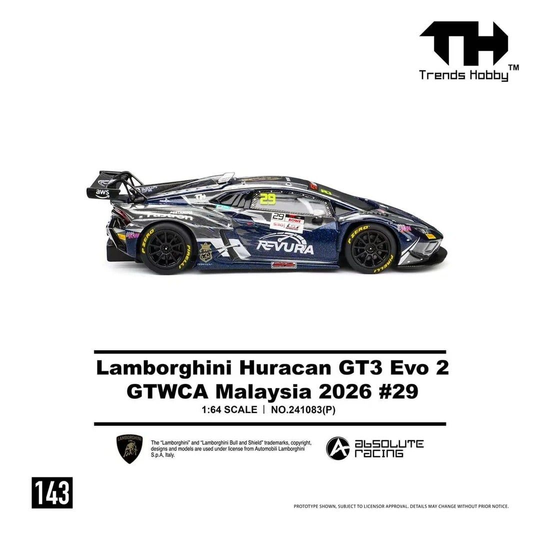  Mô hình xe Lamborghini Huracan GT3 EVO 2 GTWCA Malaysia 2026 #29 tỉ lệ 1:64 Trends Hobby 241083 