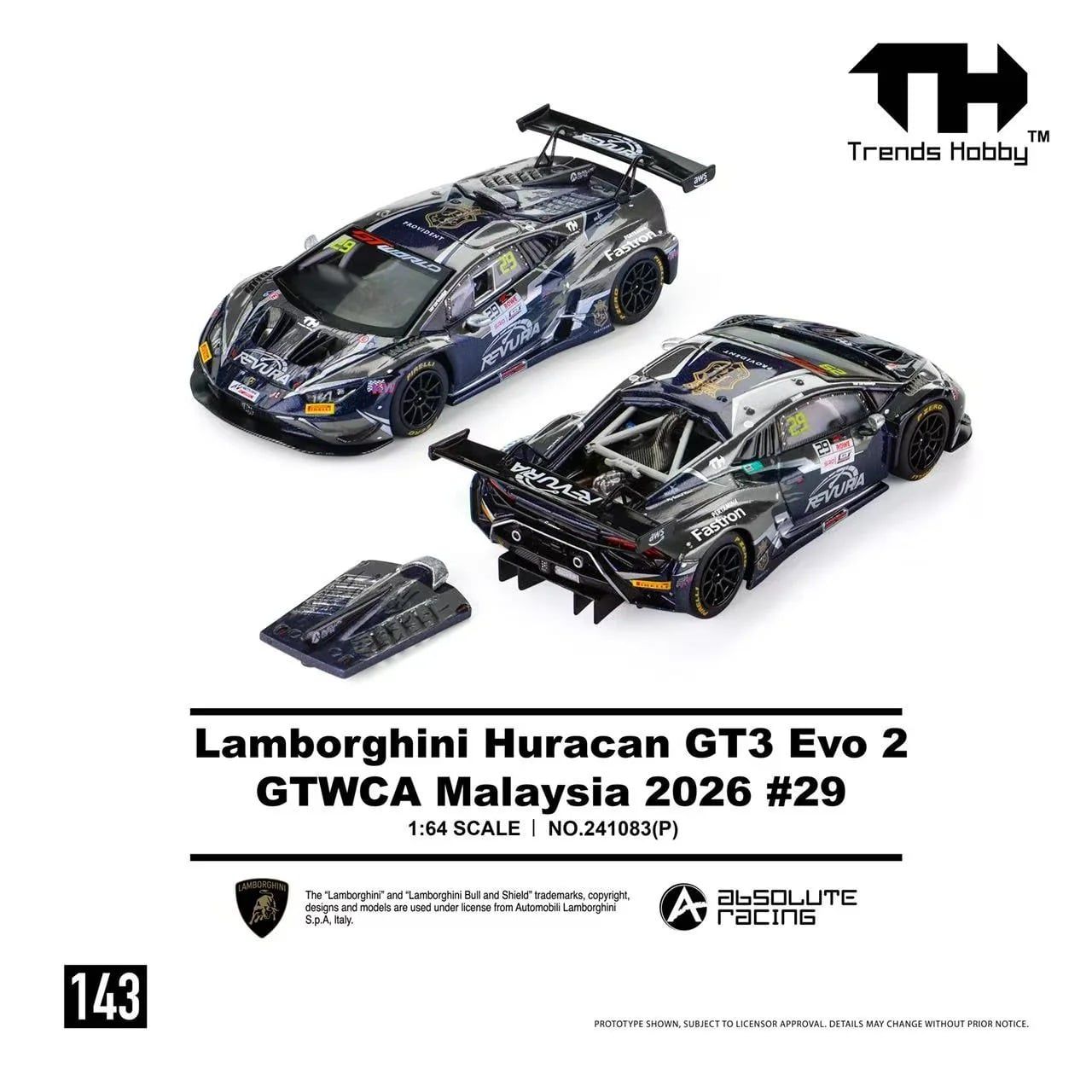  Mô hình xe Lamborghini Huracan GT3 EVO 2 GTWCA Malaysia 2026 #29 tỉ lệ 1:64 Trends Hobby 241083 