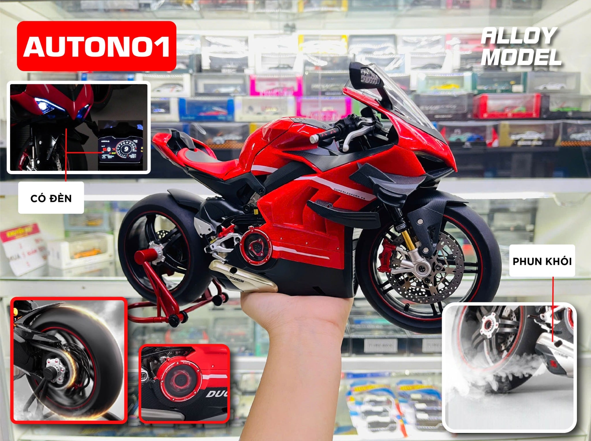  Mô hình xe Ducati V4 Superleggera có động cơ - Nồi quay được - phun khói khi vặn ga - kèm ben nâng tỉ lệ lớn 1:7 M92334 Alloy model MT06006 