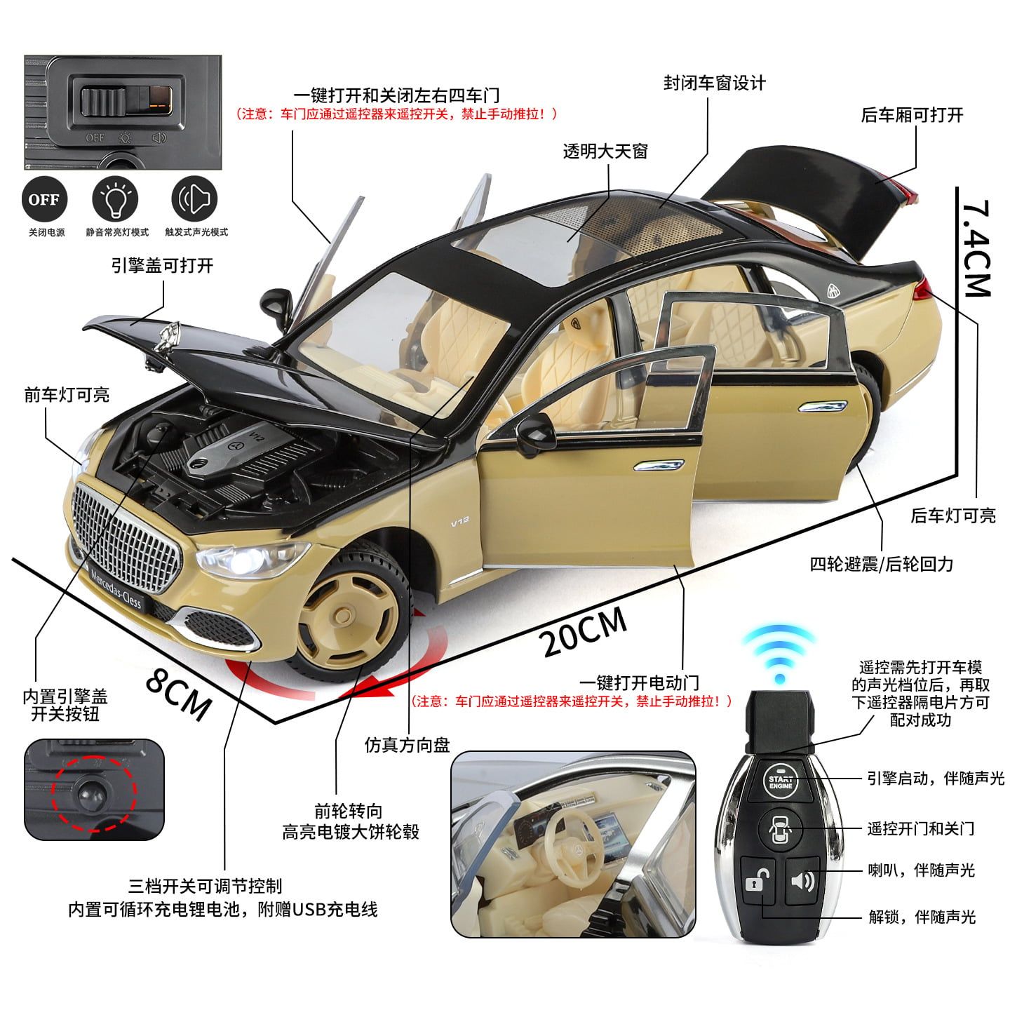  Mô hình xe Mercedes Benz Maybach S680 full open - remote tỉ lệ 1:24 Alloy model OT24110 