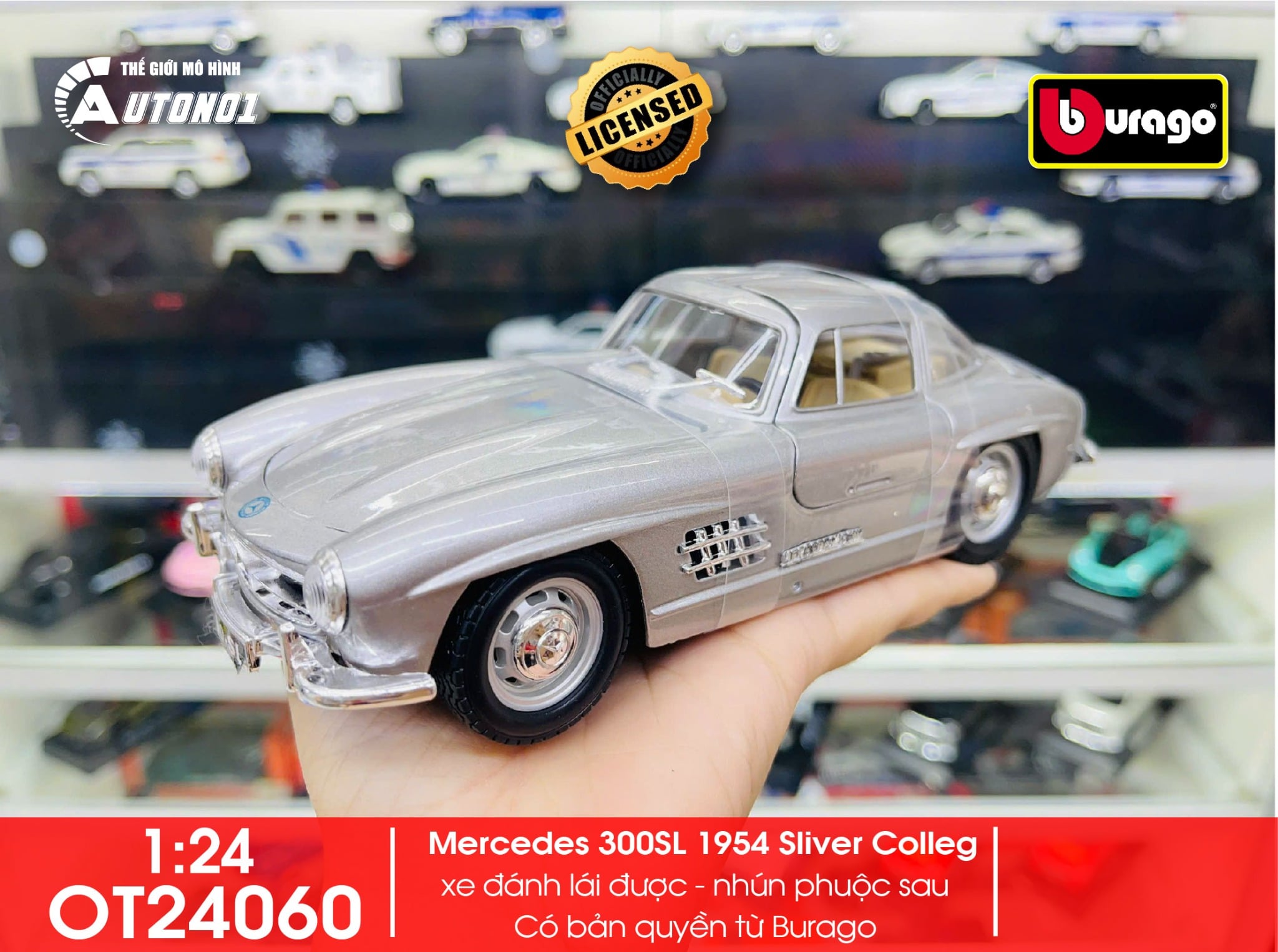  Mô hình Mercedes Benz 300SL 1954 Sliver Collegione đánh lái được full open 1:24 Bburago 18-22023 SL OT24060 