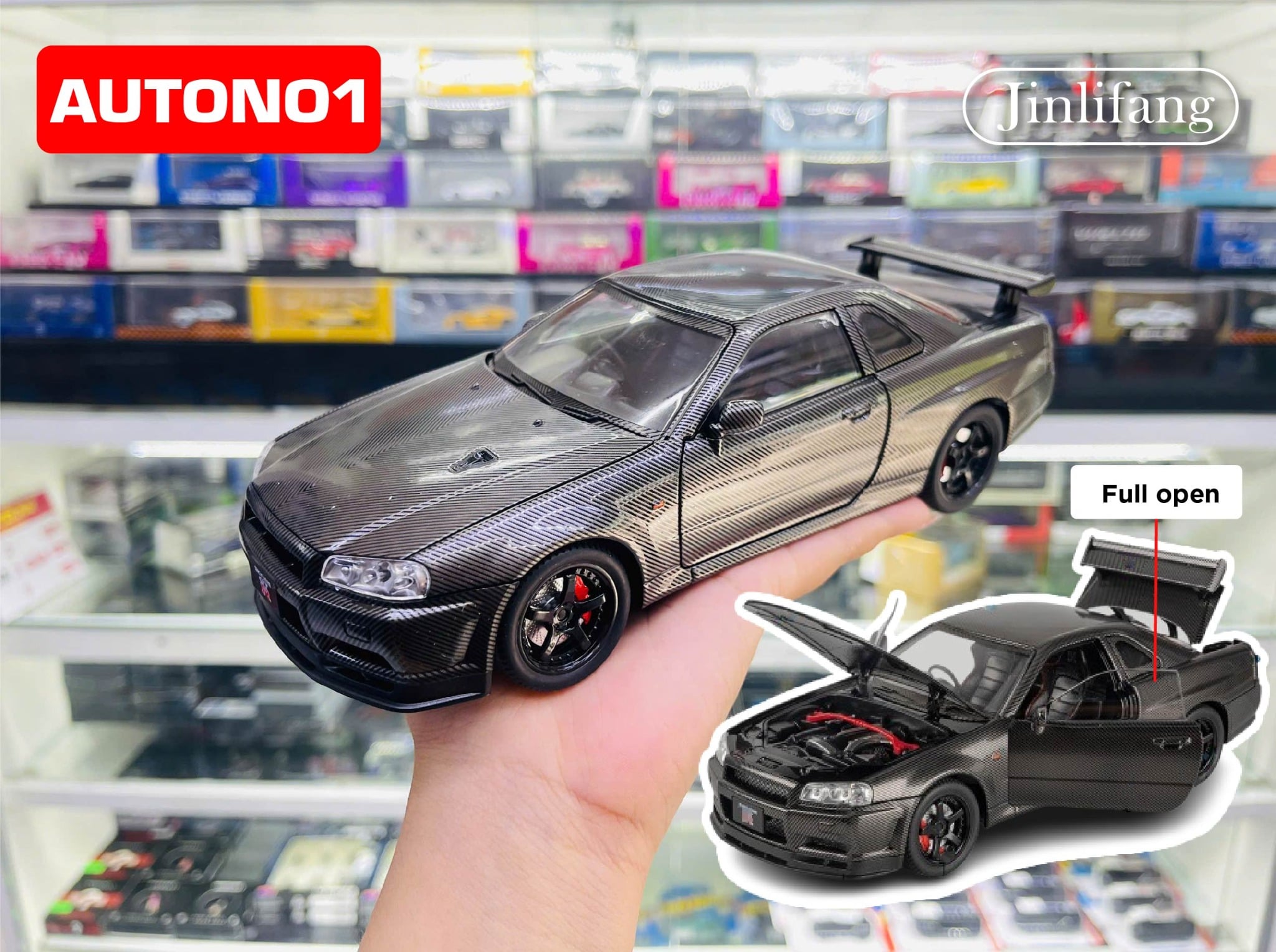  Mô hình xe ô tô Nissan Skyline GT-R R34 full open - full kính - đánh lái được - có đèn/âm thanh tỉ lệ 1:24 Jinlifang OT24086 