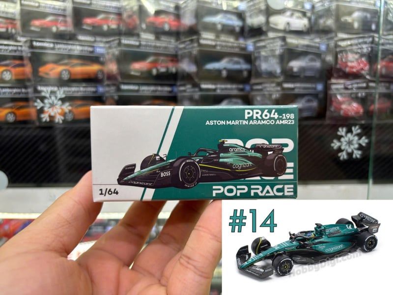  Mô hình xe Aston Martin AMR23 F1 NO.14 F.ALONSO tỉ lệ 1:64 Pop Race PR640198 